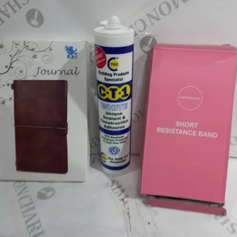 APPROX 20 HOUSEHOLD ITEMS TO INCUDE CONSTRUCTION ADHESTIVE, JOURNAL, RESISTANCE BANDS
