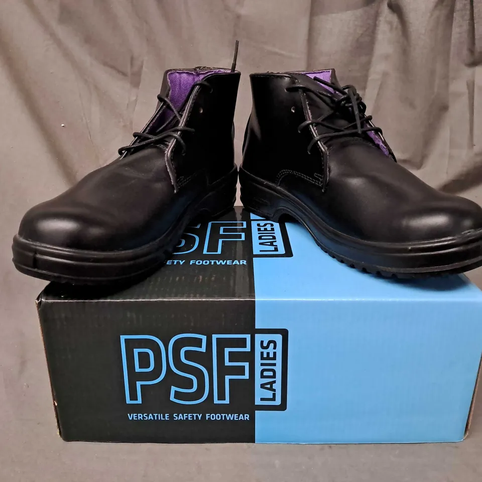 BOX OF APPROXIMATELY 8 BOXED PAIRS OF PSF LADIES SAFETY BOOTS IN BLACK SIZE 4