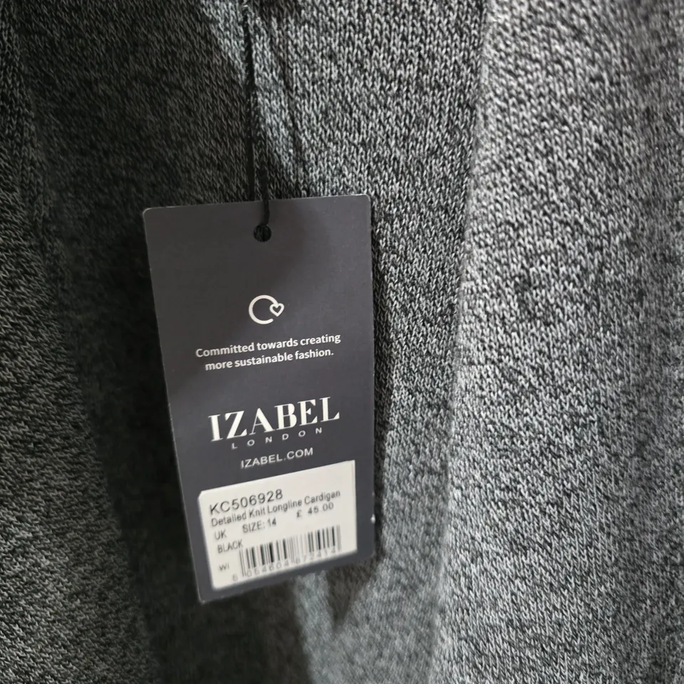 IZABEL LONDON DETAILED KNIT LONGLINE CARDIGAN, GREY/BLACK, UK 14
