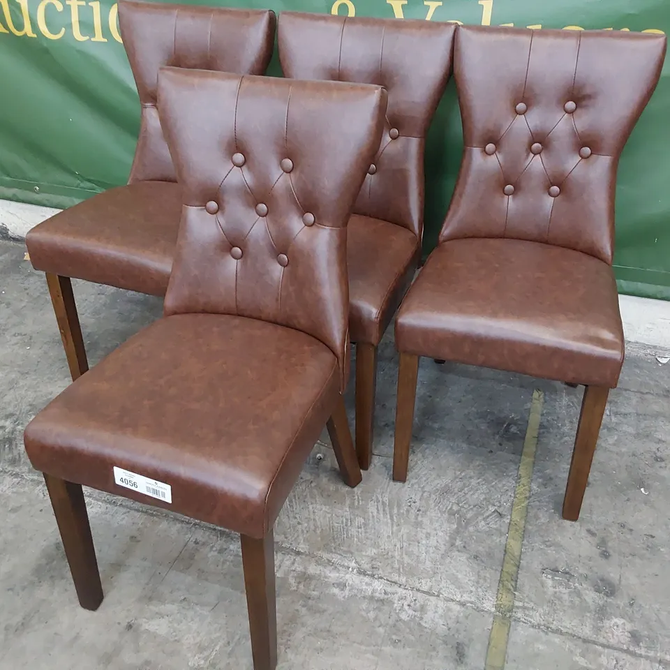 SET OF FOUR BEIGE PLUSH FABRIC UPHOLSTERED DINING CHAIRS BUTTONED BACKS, BROWN PU ON DARK WOOD LEGS
