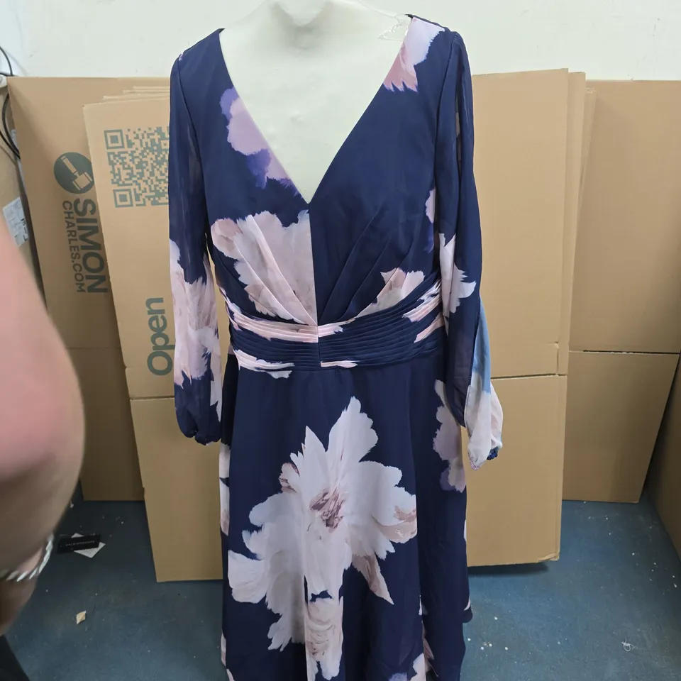 KALEIDOSCOPE FLORAL DRESS – NAVY WITH PINK & WHITE FLOWERS SIZE 14