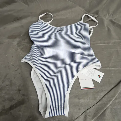 TOMMY HILFIGER SEERSUCKER ONE PIECE SWIMSUIT IN INDIGO BLUE/WHITE SIZE XS
