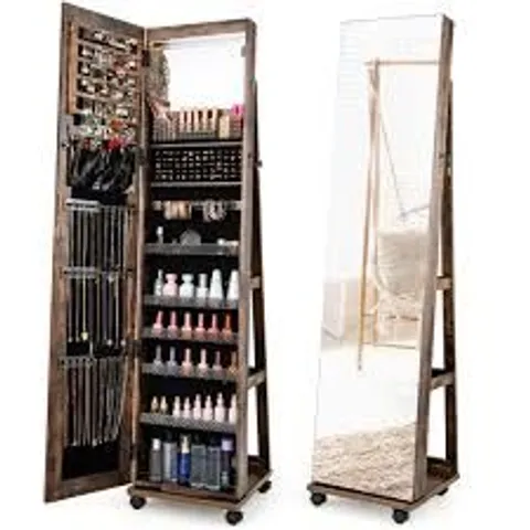 BOXED COSTWAY RUSTIC BROWN LOCKABLE JEWELLERY CABINET WITH BUILT-IN LED LIGHTED MIRROR