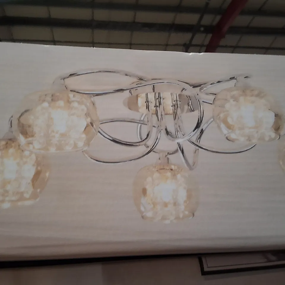 BOXED DUNELM SEYCHELLES FLUSH CEILING LIGHT – GLASS & CHROME, 5 GLASS BAUBLE SHADES