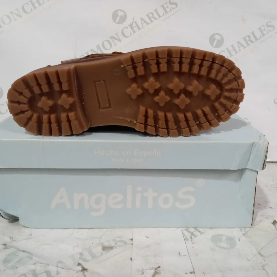 BOXED PAIR OF ANGELITOS VELCRO STRAP LEATHER SHOES IN BROWN EU SIZE 33