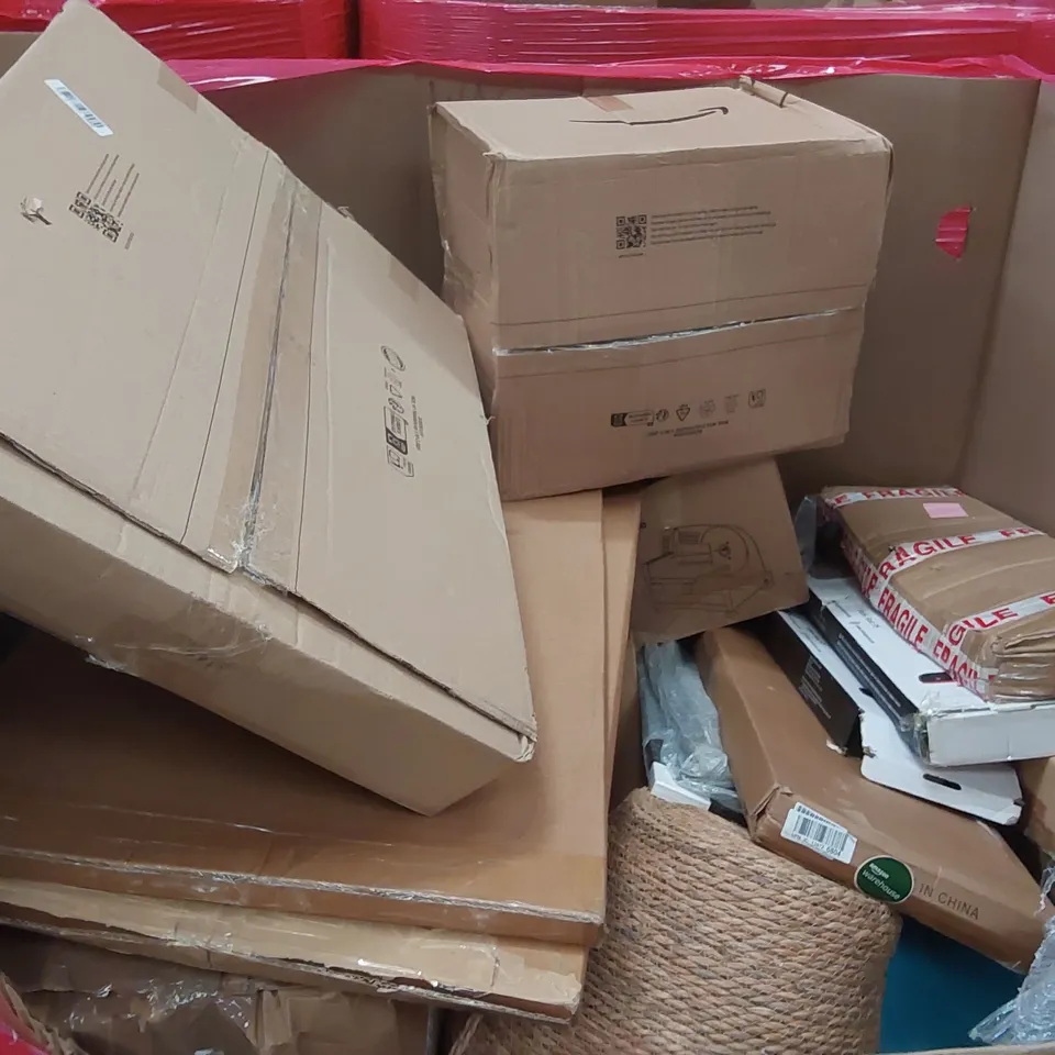 PALLET OF ASSORTED ITEMS INCLUDING: ELECTRIC SLICER MACHINE, TRAMPOLINE, CONSOLE TABLE, INDOOR INSECT KILLER, SHELVES, PULL-UP BARS ECT