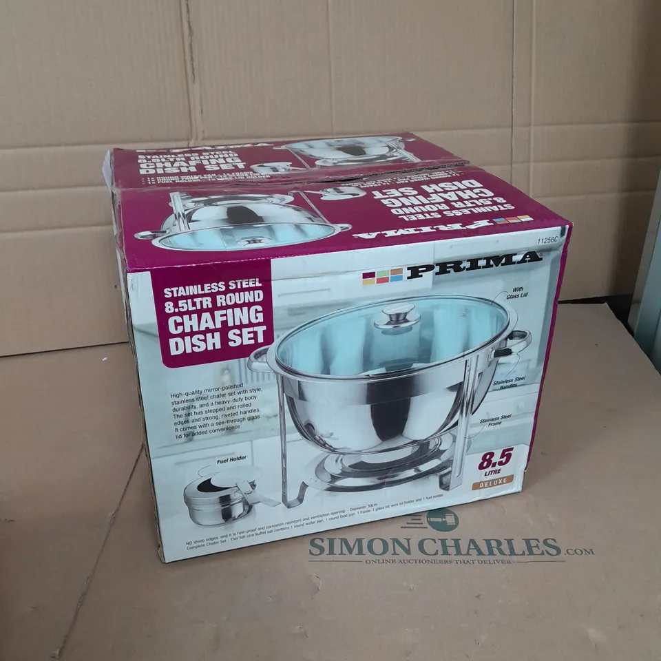 BOXED PRIMA STAINLESS STEEL 8.5L ROUND CHAFING DISH SET