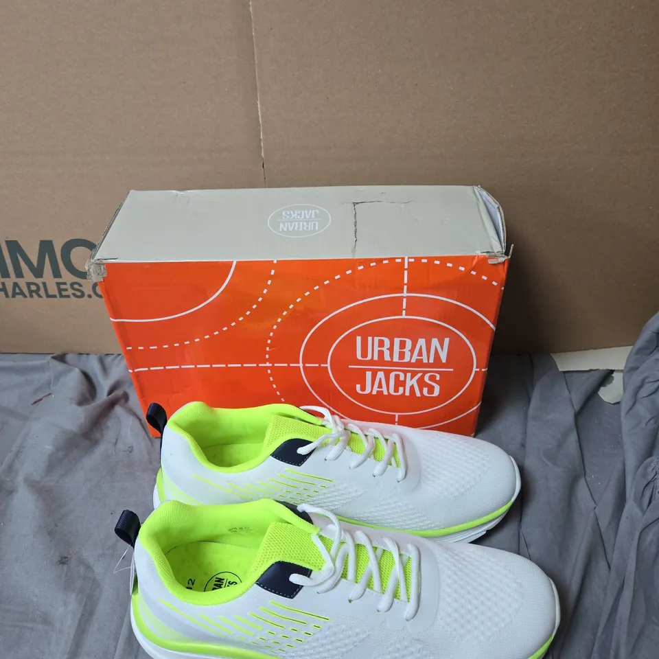 URBAN JACKS WHITE TRAINERS WITH NEON YELLOW LINING, UK 12