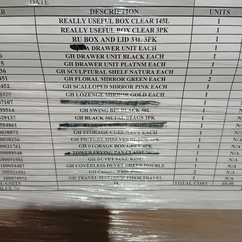 PALLET OF APPROXIMATELY 21 ASSORTED PRODUCTS TO INCLUDE; REALLY USEFUL CLEAR STORAGE BOXES, RU BOX AND LID, GH DRAWER UNIT, SCULPTURAL SHELF, LOZENGE MIRROR GOLD AND TRAVEL MATTRESS