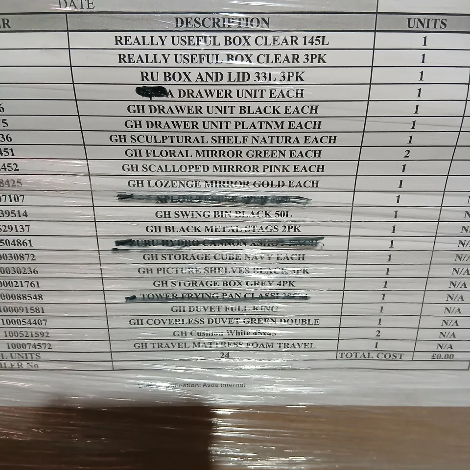 PALLET OF APPROXIMATELY 21 ASSORTED PRODUCTS TO INCLUDE; REALLY USEFUL CLEAR STORAGE BOXES, RU BOX AND LID, GH DRAWER UNIT, SCULPTURAL SHELF, LOZENGE MIRROR GOLD AND TRAVEL MATTRESS