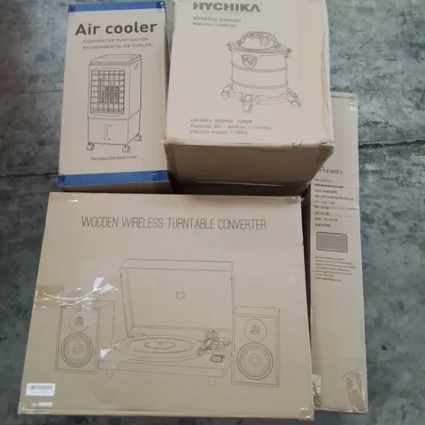 PALLET OF ASSORTED ITEMS INCLUDING AIR COOLER, WET&DRY VACUUM, CHAIR MAT FOR CARPET, WIRELESS TURNTABLE CONVERTER