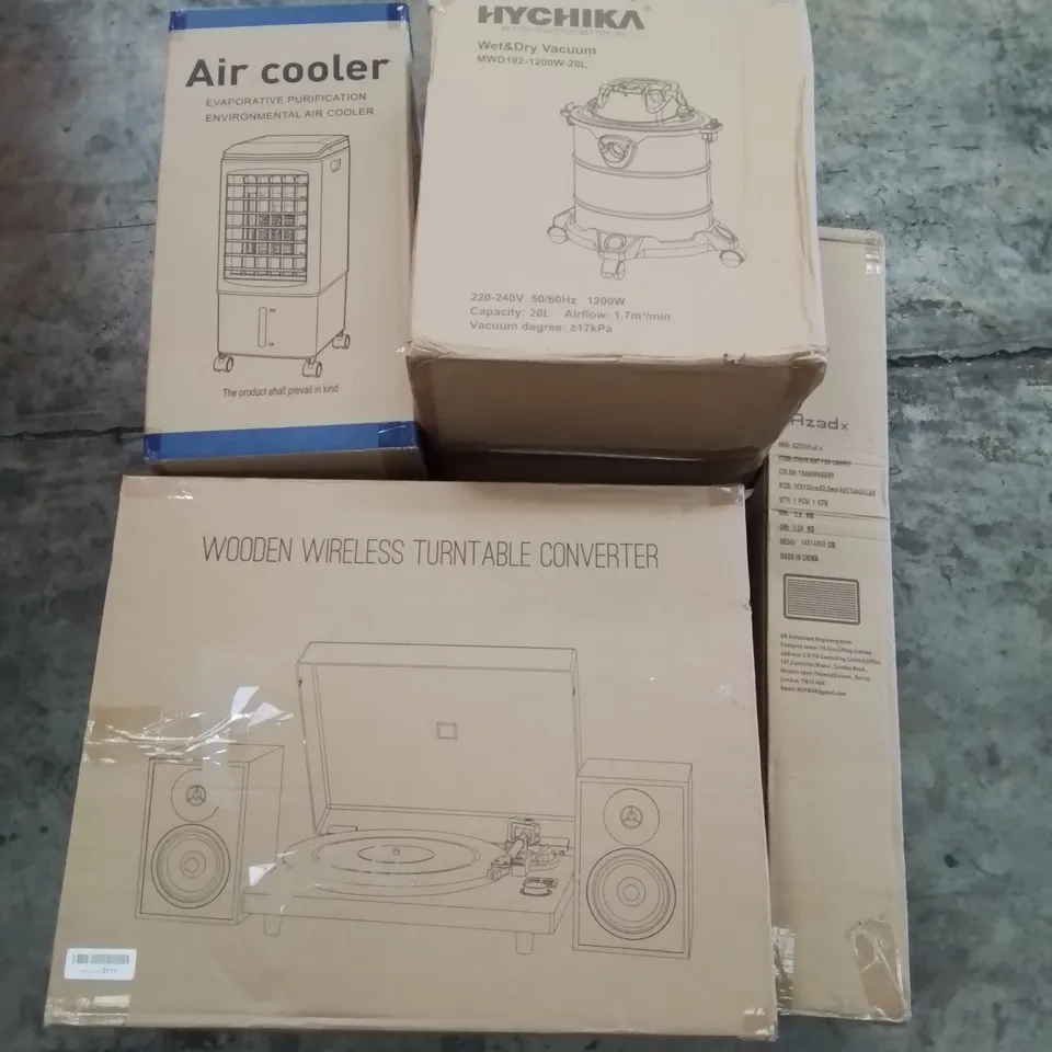 PALLET OF ASSORTED ITEMS INCLUDING AIR COOLER, WET&DRY VACUUM, CHAIR MAT FOR CARPET, WIRELESS TURNTABLE CONVERTER
