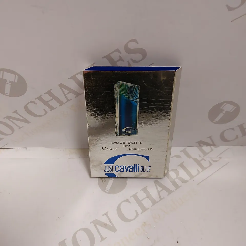BOX OF APPROXIMATELY 40 ROBERTO CAVALLI JUST CAVALLI BLUE 1.6ML TESTER SAMPLES  