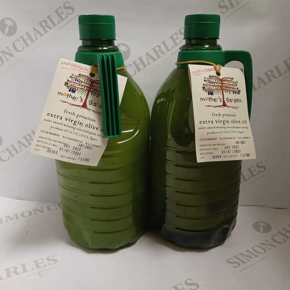 LOT OF 2 BOTTLES OF MOTHER'S GARDEN EXTRA VIRGIN OLIVE OIL (2x2L)