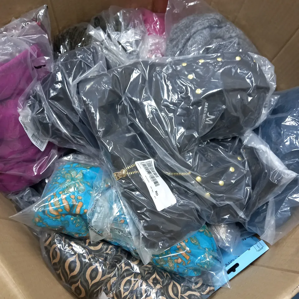 BOX OF ASSORTED CLOTHING ITEMS TOO INCLUDE TOPS , JUMPERS, AND PANTS ETC. 