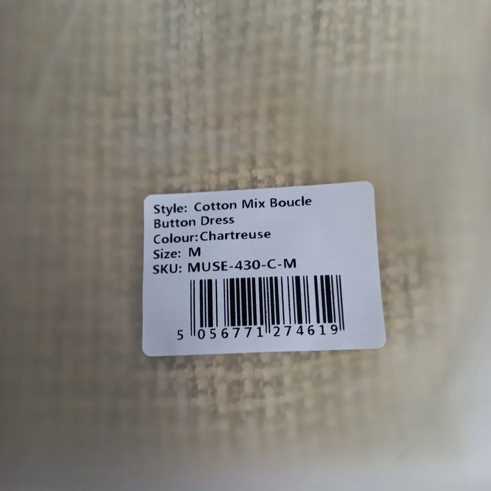 ODDMUSE LONDON COTTON MIX BOUCLE BUTTON DRESS – CHARTREUSE, UK SIZE M