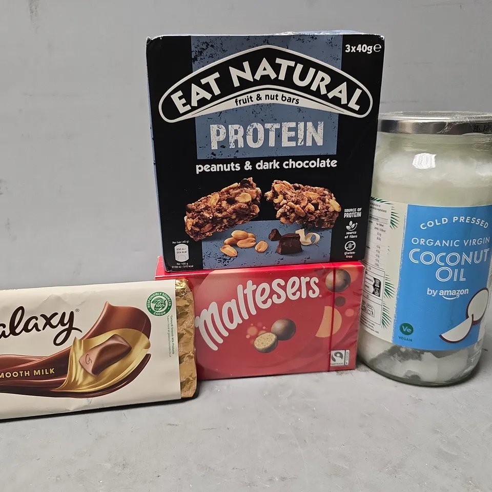 APPROXIMATELY 12 ASSORTED FOOD ITEMS TO INCLUDE - COCONUT OIL , MALTESERS , GALAXY CHOCOLATE BAR ETC