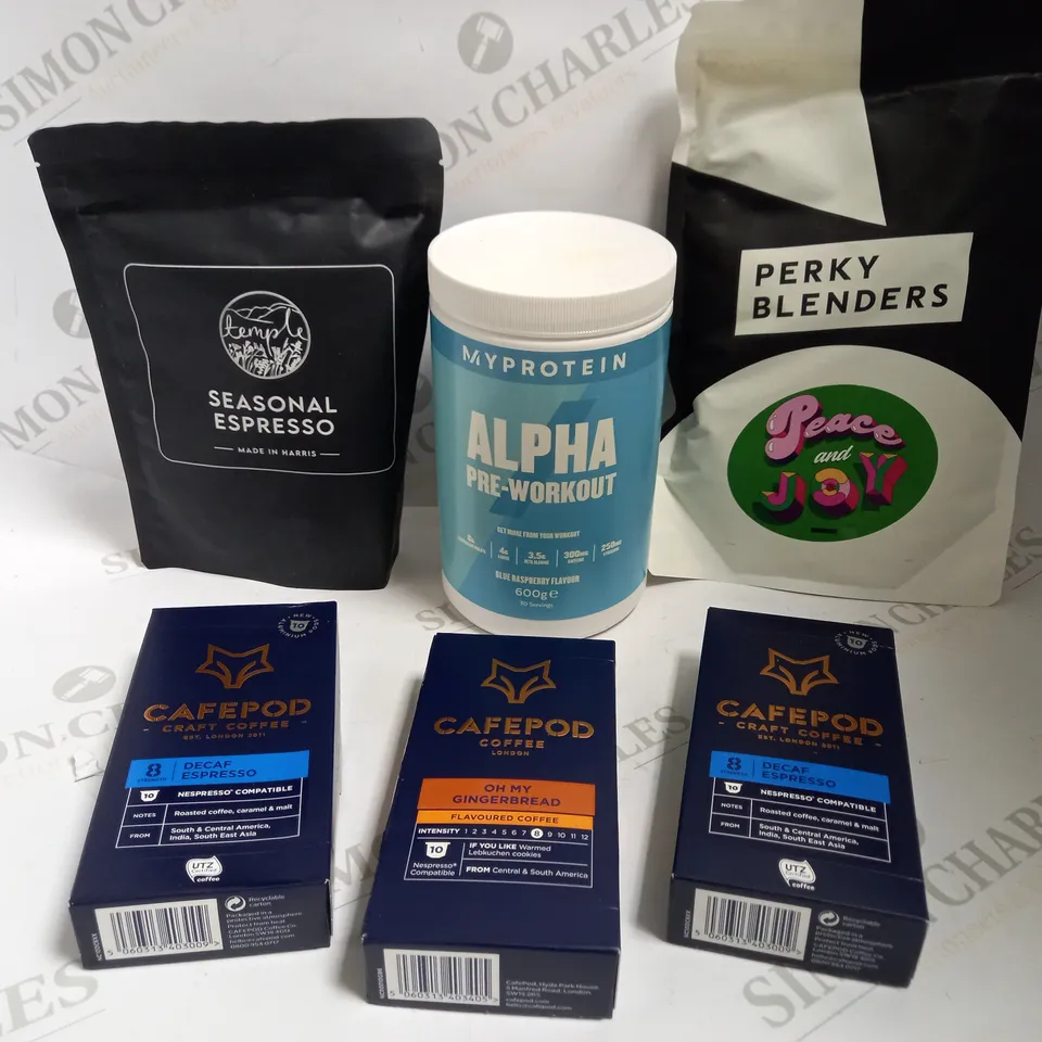 BOX OF APPROX 8 ITEMS TO INCLUDE PERKY BLENDERS COFFEE BEANS, CAFEPODS COFFEE PODS IN ASSORTED FLAVOURS AND ALPHA PRE WORKOUT