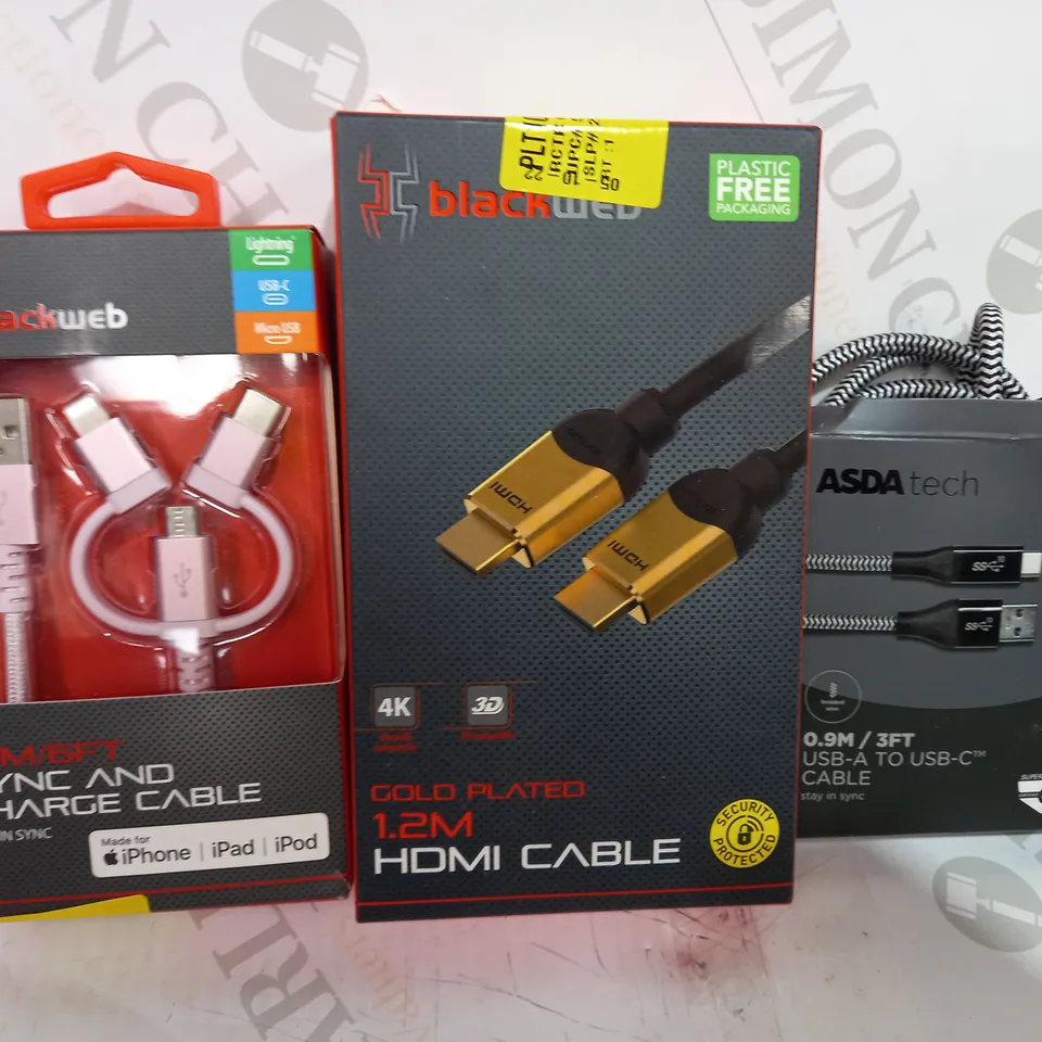 LOT OF APPROXIMATELY 20 ASSORTED HOUSEHOLD ITEMS TO INCLUDE BLACKWEB SYNC AND CHARGE CABLE, BLACKWEB HDMI CABLE, ASDA TECH USB-A TO USB-C CABLE, ETC