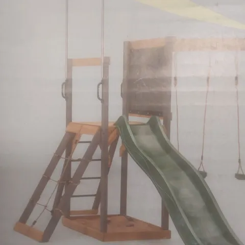 BOXED PLUM WOODEN PLAYCENTRE - TOWER PIECE ONLY, MISSING SLIDE (2 BOXES)