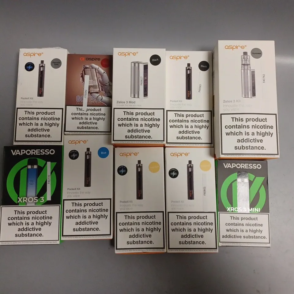 APPROXIMATELY 10 ASSORTED E-CIGARETTE PRODUCTS TO INCLUDE ASPIRE & VAPORESSO