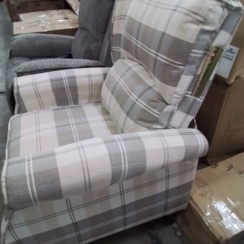 DESIGNER EATON PUSH BACK RECLINING EASY CHAIR GREY TARTAN FABRIC 