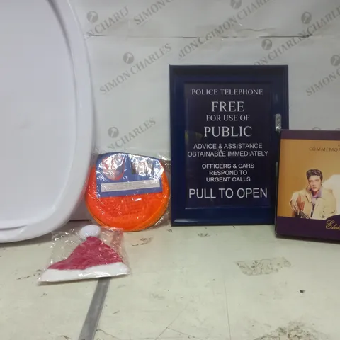 BOX OF APPROXIMATELY 9 ASSORTED ITEMS TO INCLUDE - EVVISLY YOURS COMMEMORATIVE COLLECTION - MINI SANTA HAT - ORANGE LAUNDRY BASKET ETC