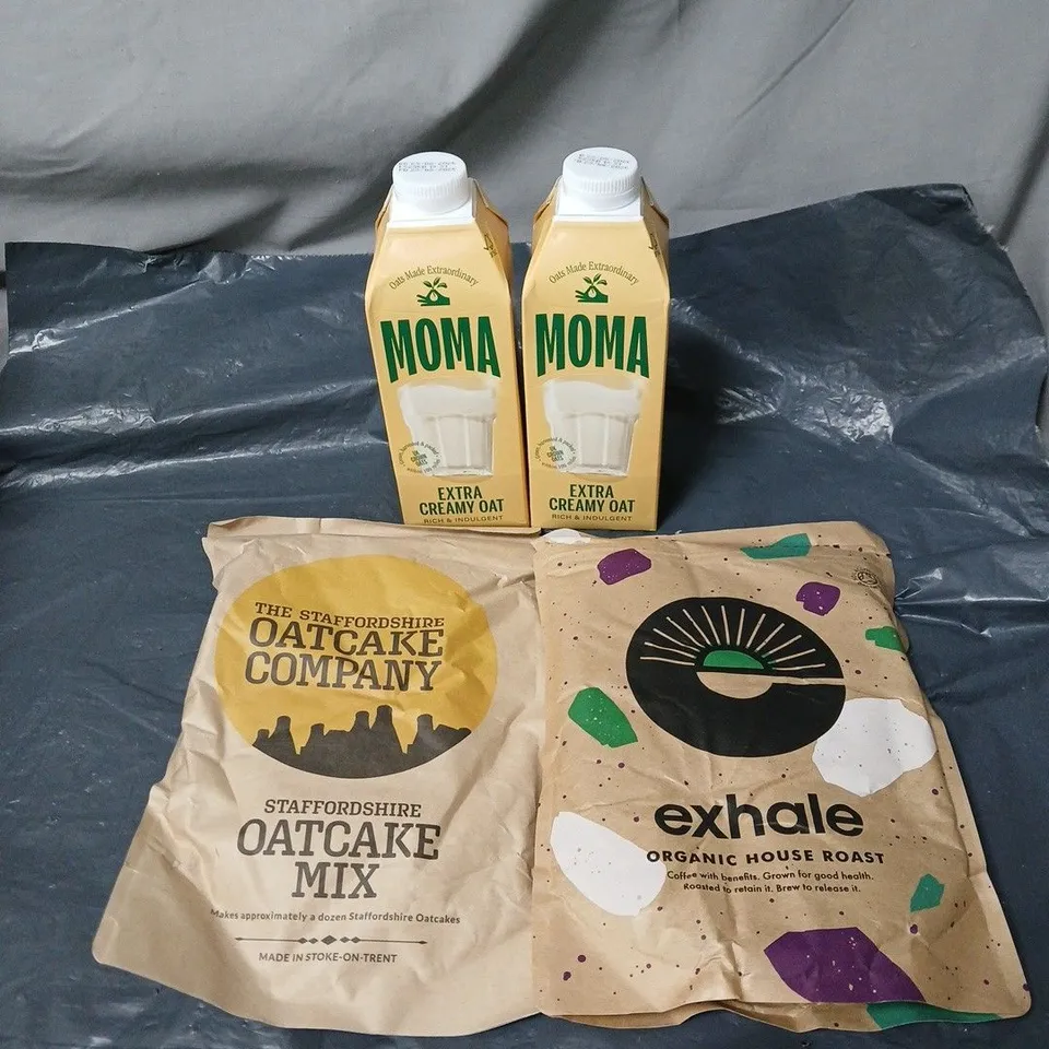 APPROXIMATELY 9 ASSORTED FOOD AND DRINK ITEMS TO INCLUDE MOMA EXTRA CREAMY OAT DRINK, ORGANIC HOUSE ROAST, OATCAKE MIX ETC