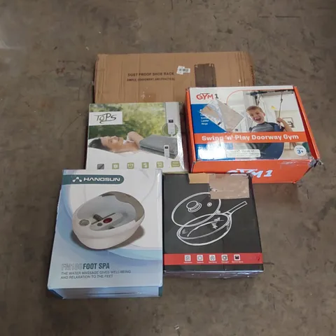 PALLET OF ASSORTED HOUSEHOLD GOODS AND PRODUCTS TO INCLUDE; ELECTRIC BLANKETS, PAN, TOILET SEATS, FOOT SPA, BOXED FURNITURE ETC