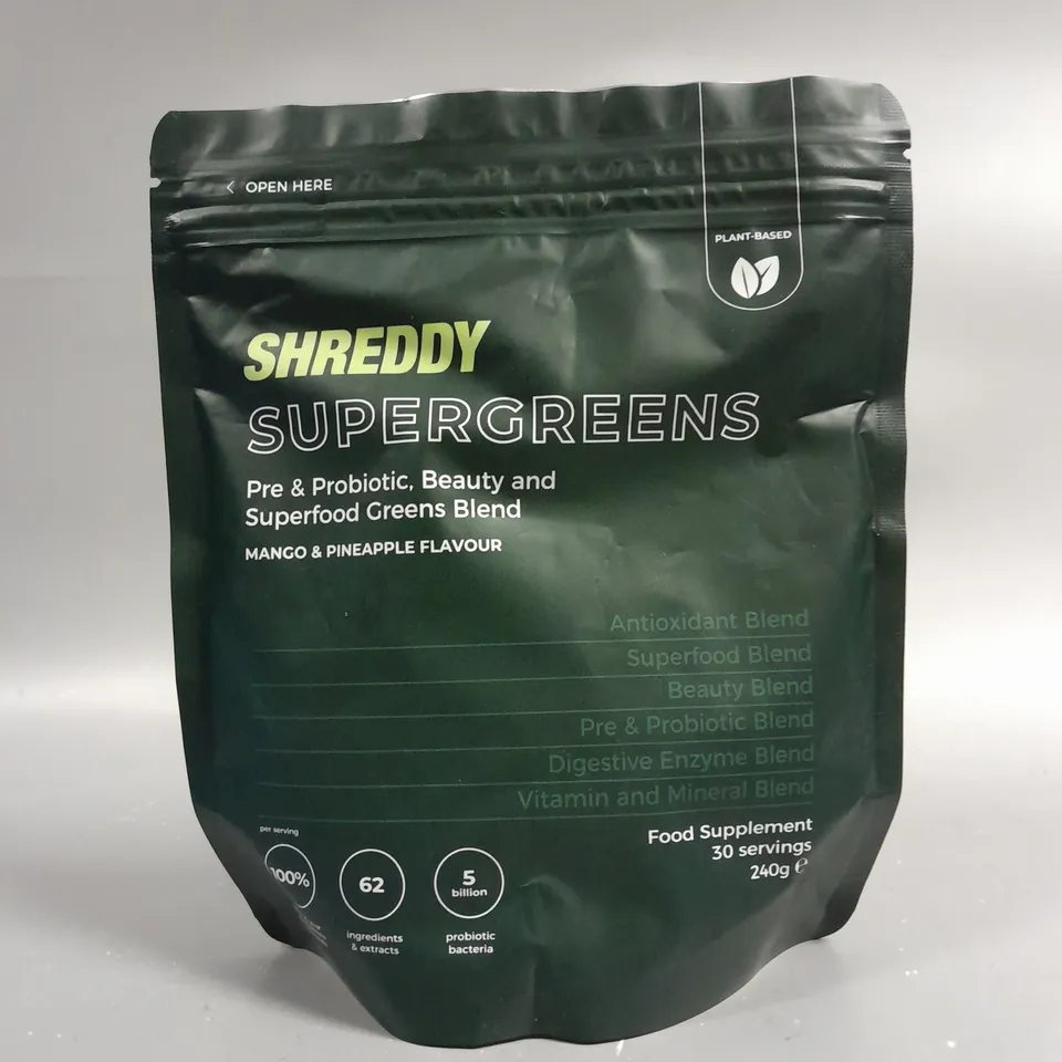 SEALED SHREDDY SUPERGREENS PRE & PRO BIOTIC FOOD SUPPLEMENT - MANGO & PINEAPPLE - 240G 