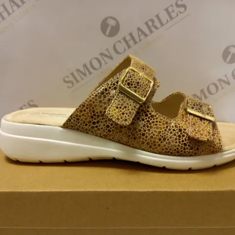 BOXED PAIR OF CUSHION WALK STRAPPY SANDALS, GOLD - SIZE 5