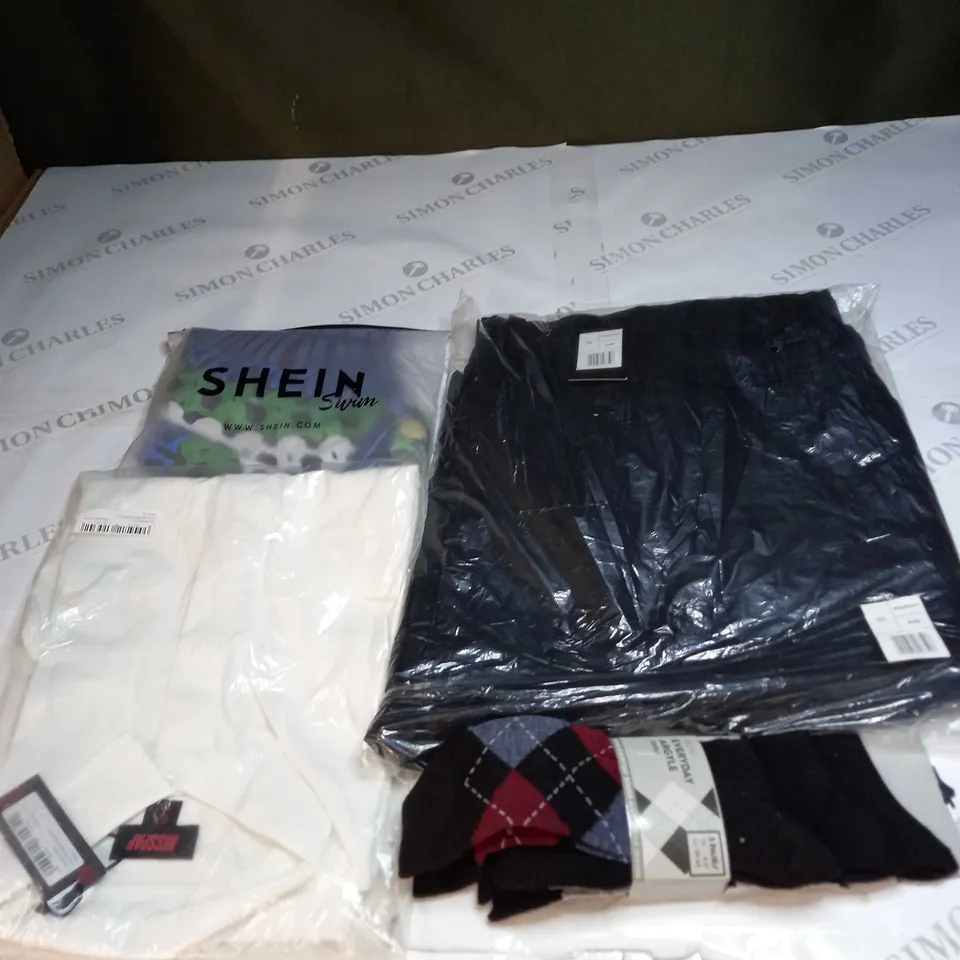  BOX OF ASSORTED CLOTHING ITEMS TOO INCLUDE DRESSES , SHIRTS AND TROUSERS IN VARIOUS SIZES AND COLOURS   