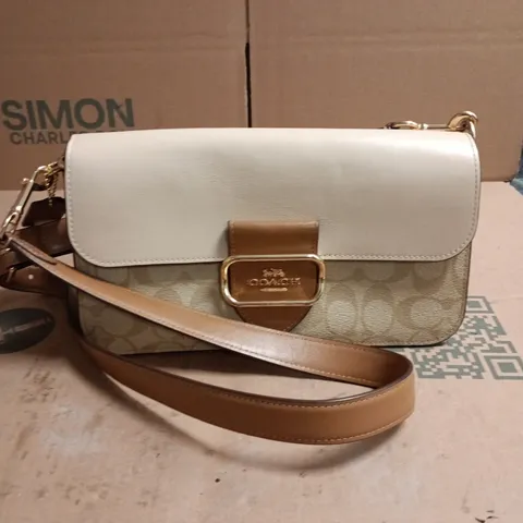 COACH HANDBAG – BEIGE SIGNATURE CANVAS WITH LIGHT GREY LEATHER FLAP AND TAN CROSSBODY STRAP