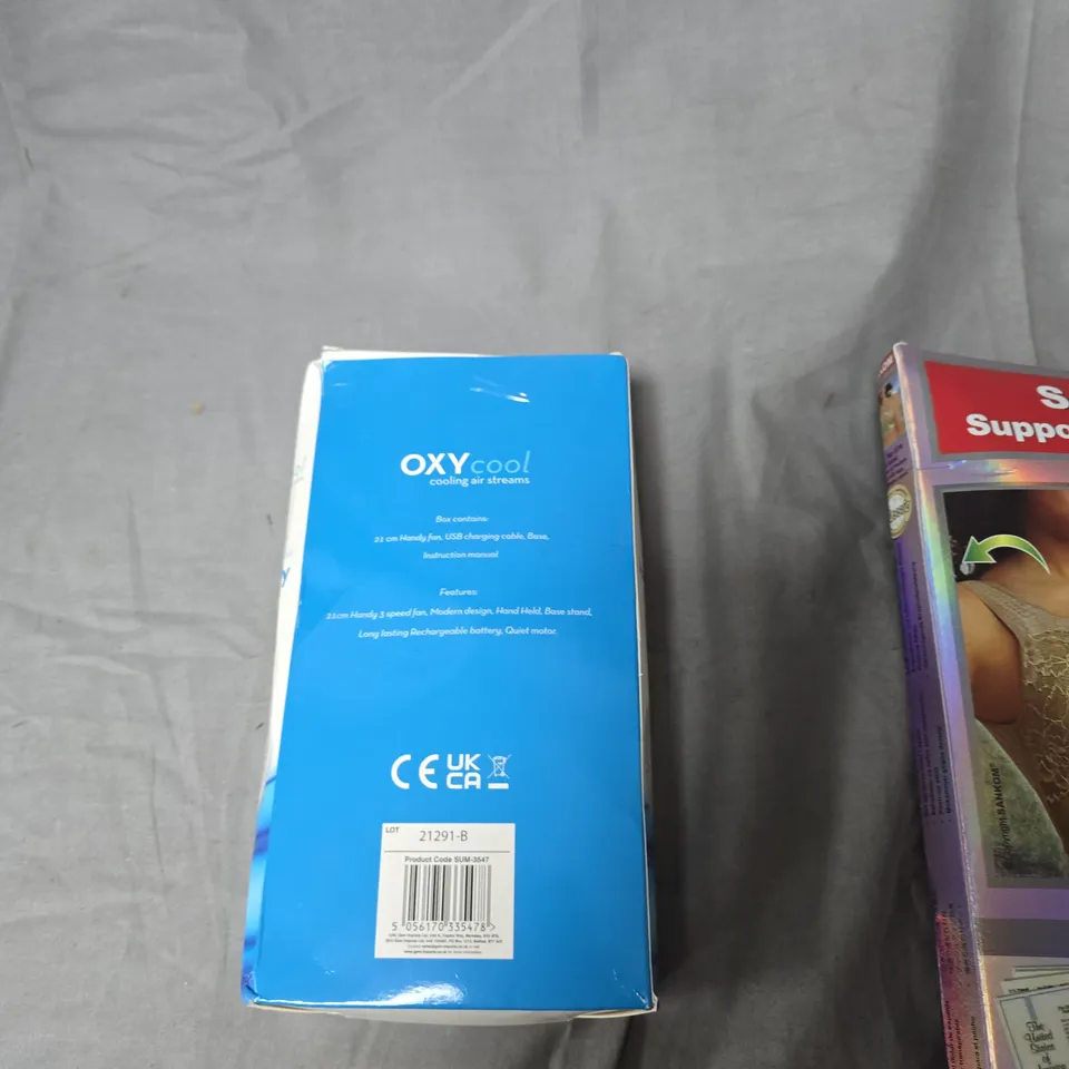 BOX OF APPROXIMATELY 9 ASSORTED ITEMS INCLUDING SANKOM SUPPORT & POSTURE BRA – BOXED + OXYCOOL PORTABLE FAN 