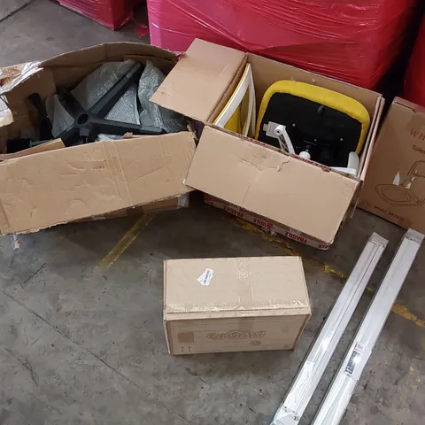 PALLET OF ASSORTED CONSUMER PRODUCTS TO INCLUDE; OFFICE CHAIRS, ROLLER BLINDS, RIDE ON SUITCASE, TOILET SEAT ECT