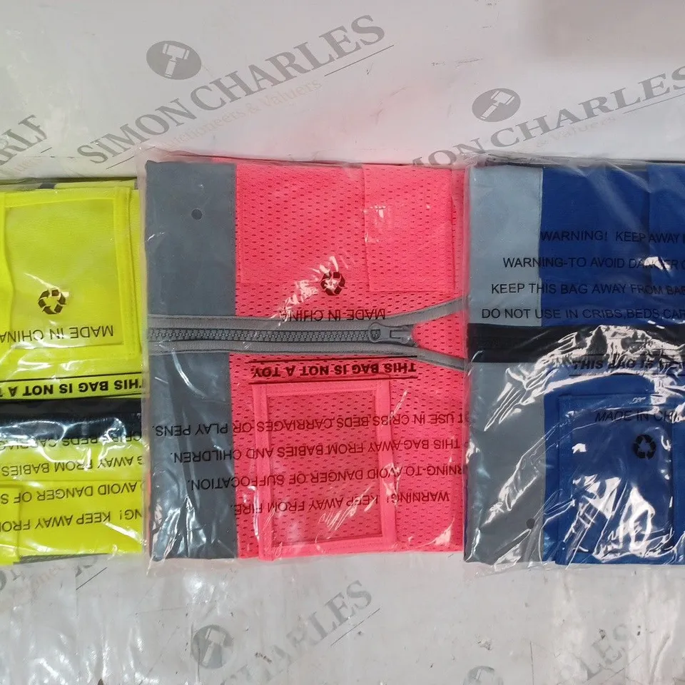 APPROXIMATELY 5 ASSORTED HI-VIS SAFETY VESTS IN VARIOUS COLOURS AND SIZES