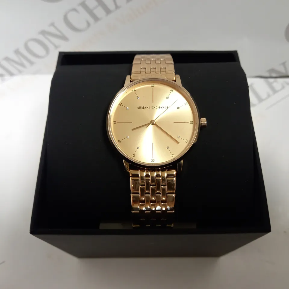 BOXED ARMANI EXCHANGE ROSE GOLD PLATED LOLA WATCH WITH BRACELET STYLE STRAP