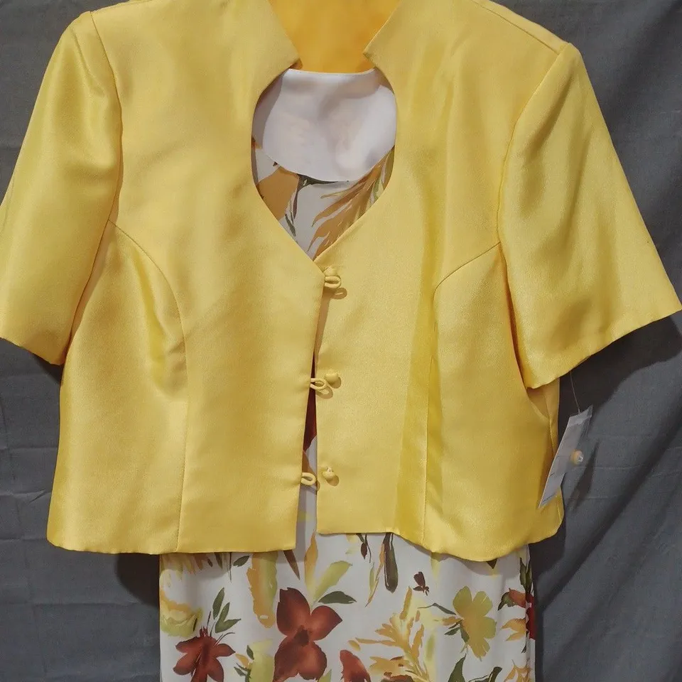 GLITZ 2 PIECE FLORAL DRESS & JACKET IN WHITE/YELLOW - SIZE 22