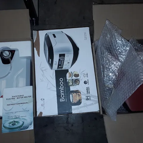 PALLET OF ASSORTED HOUSEHOLD ITEMS TO INCLUDE ELECTRIC WSTER HEATER, BAMBOO RICE COOKER,PAIR OF UPHOLSTERED CHAIRS AND OFFICE CHAIR