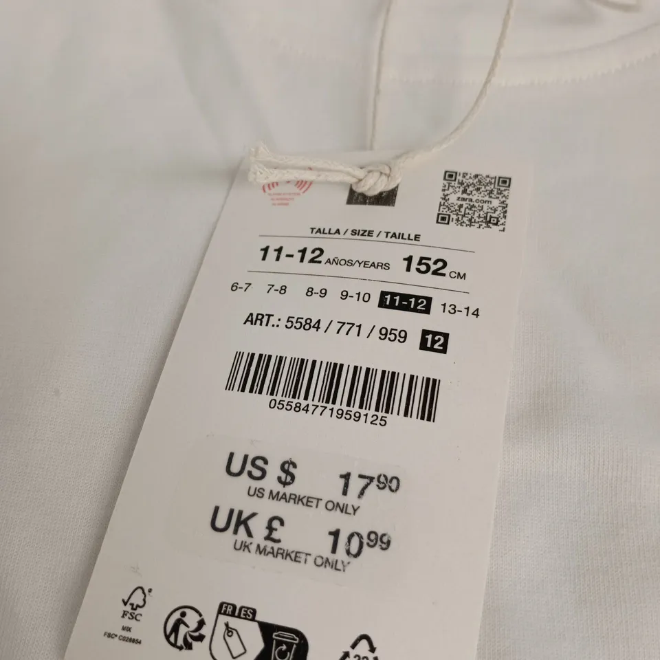 ZARA KIDS WHITE T‑SHIRT – SIZE 11-12 YEARS (152 CM)