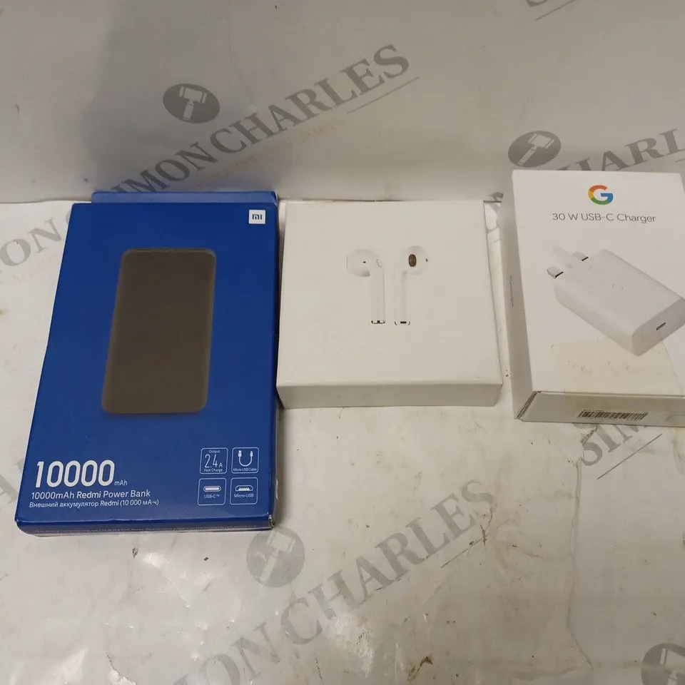 WIRELESS EARBUDS, REDMI POWER BANK, AND GOOGLE 30W USB-C CHARGER 