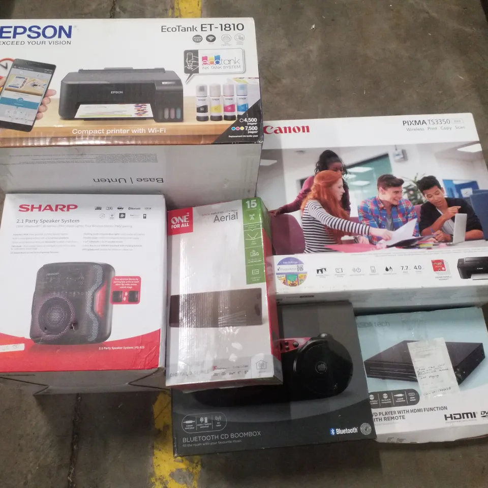 PALLET CONTAINING ASSORTED EPSON ECOTANK ET-1810, CANON PIXMA TS3350 PRINTER, PARTY SPEAKER, AERIAL, BLUETOOTH CD BOOMBOX & DVD PLAYER   WITH HDMI FUNCTION