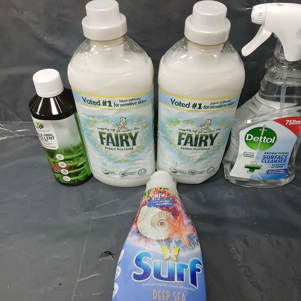 5 X ASSORTED HOUSEHOLD PRODUCTS TO INCLUDE DETTOL SPRAY, FAIRY FABRIC SOFTENER, SNAIL REPELLENT ETC - COLLECTION ONLY 