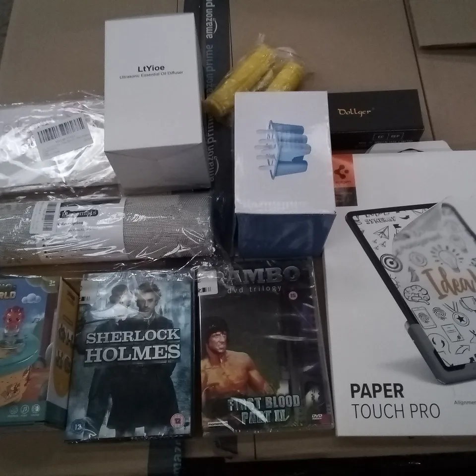 PALLET OF 6 BOXES CONTAINING ASSORTED ITEMS INCLUDING SHERLOCK HOLMES DVD, PLACEMATS, TABLET PROTECTIVE SCREEN, KIDS MUSICAL TOY, ULTRASONIC ESSENTIAL OIL DIFFUSER, BICYCLE HANDBAG GRIPS