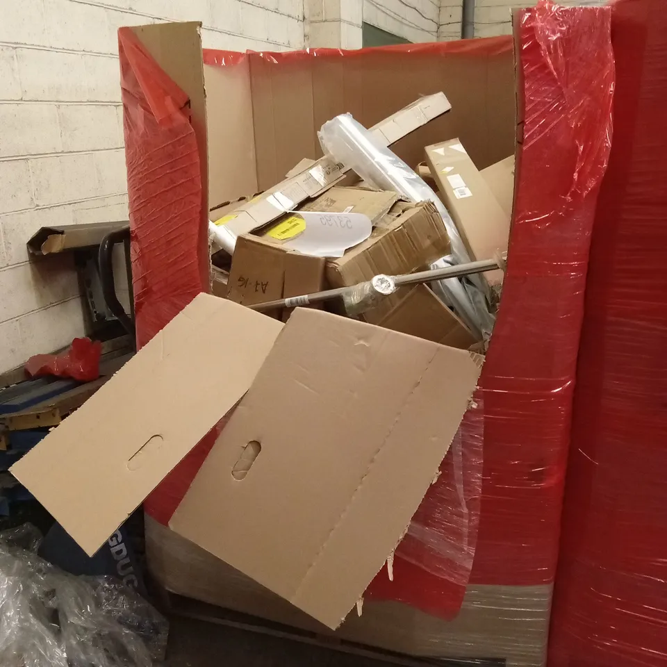 PALLET OF ASSORTED HOUSEHOLD GOODS AND PRODUCTS TO INCLUDE; FURNITURE PARTS AND PIECES