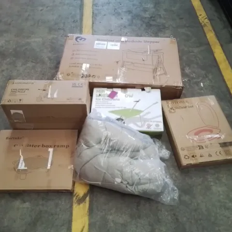 PALLET OF ASSORTED ITEMS TO INCLUDE: BASSINET AND BEDSIDE SLEEPER, CHILDREN'S TRICYCLE, CHILDREN'S WHEELBARROW, CAT LITTER BOX RAMP, PET BED, TOILET SEAT ECT
