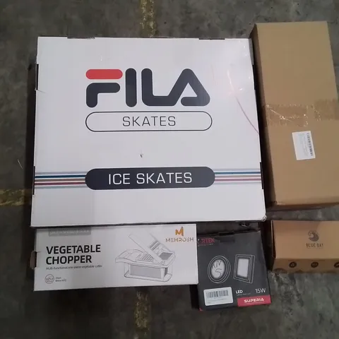 PALLET TO CONTAIN AN ASSORTMENT OF HOUSEHOLD ITEMS TO INCLUDE VEGETABLE CHOPPER, SUNGLASSES, LED LIGHTS AND FILA SKATES ECT