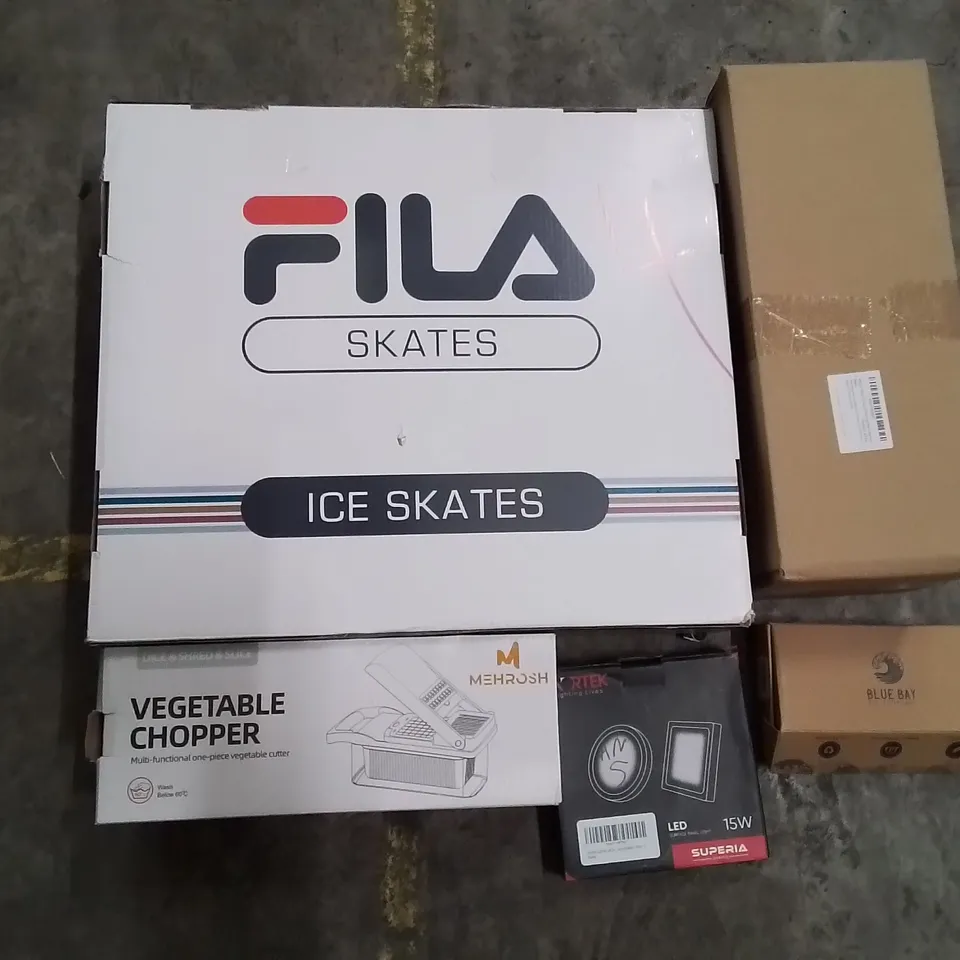 PALLET TO CONTAIN AN ASSORTMENT OF HOUSEHOLD ITEMS TO INCLUDE VEGETABLE CHOPPER, SUNGLASSES, LED LIGHTS AND FILA SKATES ECT