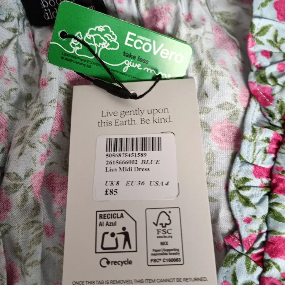 NOBODY'S CHILD LISA MIDI DRESS – BLUE FLORAL, UK 8 (EU 36, US 4)