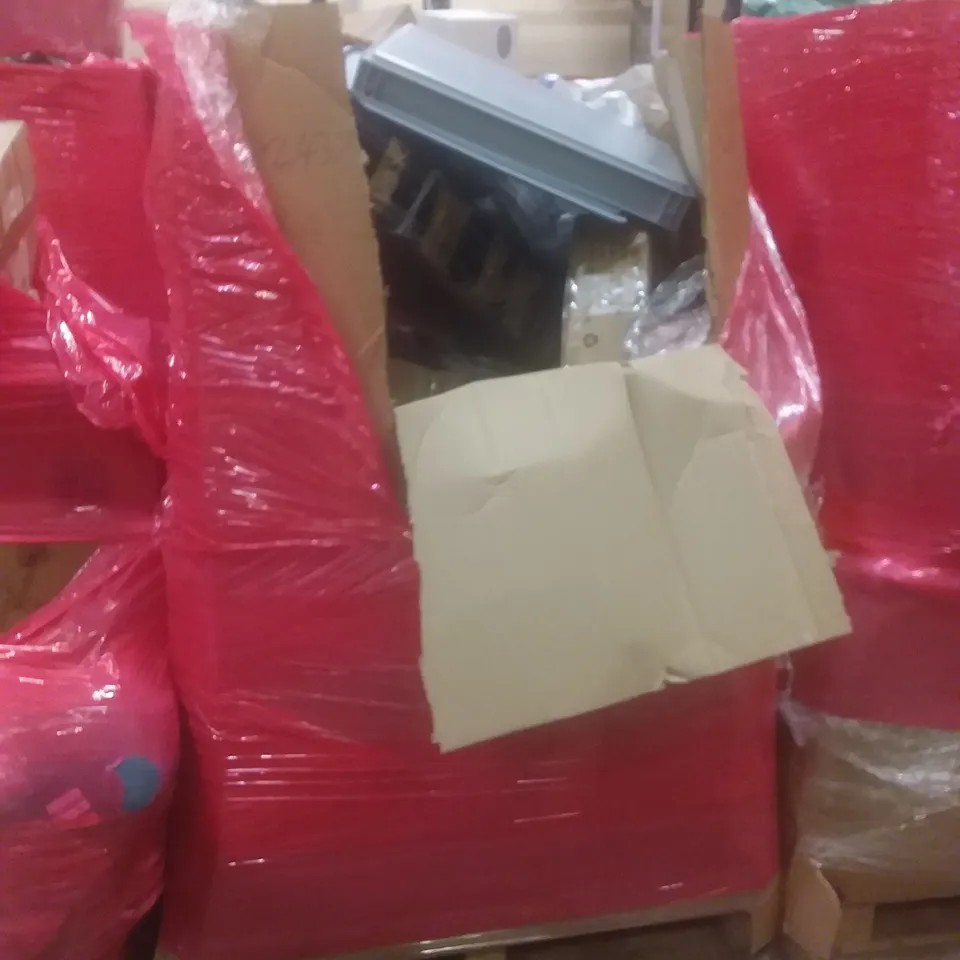 PALLET OF ASSORTED HOUSEHOLD PRODUCTS AND ITEMS, INCLUDING; BABY PLAYPEN, COMPUTER KEYBOARDS, BOXED FURNITURE ETC 